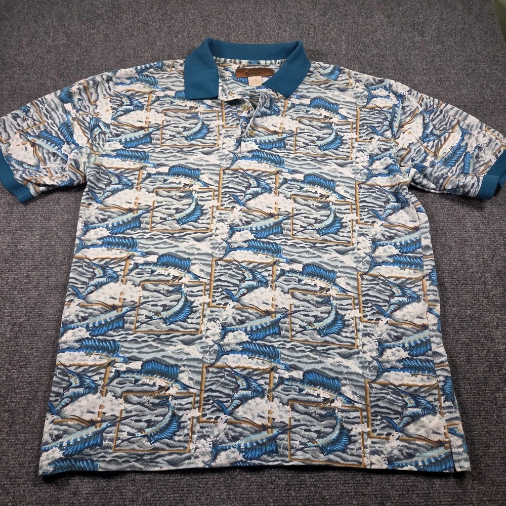 Island Traditions of Hawaii Polo Shirt XL Fish Marlins Aloha Shirt Blue
